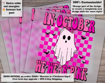 October We Wear Pink Fall Theme DTF Design - Retro Bats, Ghosts and Flower Checker Patterns for T-Shirts, Heat Transfer Ready to Press