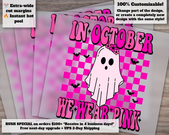 October We Wear Pink Fall Theme DTF Design - Retro Bats, Ghosts and Flower Checker Patterns for T-Shirts, Heat Transfer Ready to Press