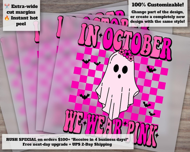October We Wear Pink Fall Theme DTF Design - Retro Bats, Ghosts and Flower Checker Patterns for T-Shirts, Heat Transfer Ready to Press image 1