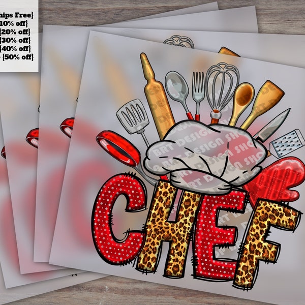 Chef and Kitchen Essentials: Chef Hat, Cooking Tools, Cuisine Elements, Chef Knife Designs, Ready for Heat Transfer and DTF