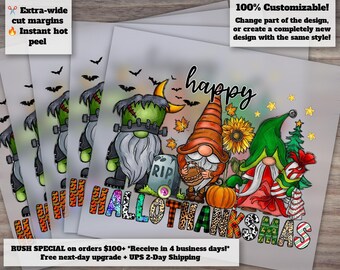 Könnte beinhalten: Ein Grafik-Transferbogen mit drei Gnomen für Halloween, Thanksgiving und Weihnachten. Das Design zeigt einen Frankenstein-Gnom, einen Gnom mit Kürbis und einen Gnom mit Tannenbaum, mit dem Schriftzug HAPPY HALLOTHANKSMAS.