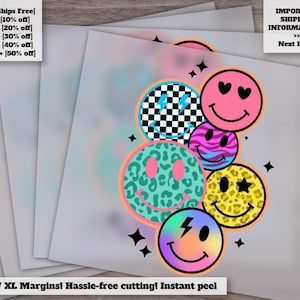 Trendy DTF Retro Smiley Faces Heat Transfers, Hot Peel Ready to Press, Cute Retro Prints, Smiley DTF Transfers