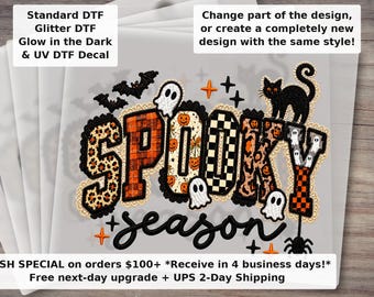 Spooky Season Patchwork DTF Transfer - Retro Halloween Leopard Checkered Girly Fall Thanksgiving Ready to Press Shirt Transfer