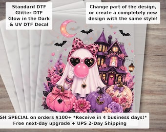 Ghost Blowing Bubble Gum DTF Transfer - Coquette Halloween Girly Haunted House Pink Pumpkin Fall Ready to Press Shirt Transfer