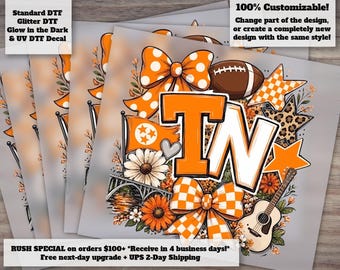 Orange Football Fan DTF Transfer, Southern Game Day Bow, Hand Painted Football, Checkerboard Sports Ready to Press