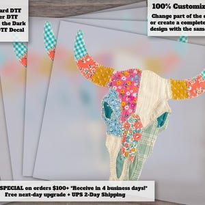 Cow Skull Faux Patchwork Heat Transfer Cottagecore Vintage Quilt Design