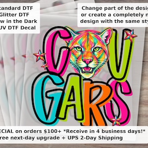 Custom Mascot | Cougars School Spirit DTF Transfer - Colorful Mascot Ready to Press Iron On for T-Shirts Hoodies and Apparel