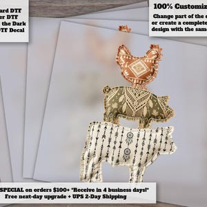 Farm Animals Boho DTF Heat Transfer Set with Cow Hen Pig Faux Patchwork Design
