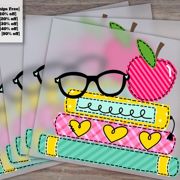 Stacked School Books, Apple and Glasses - Girl's CD - Faux Applique, Ready for Heat Transfer, DTF, Press-Ready