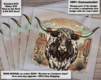 Vintage Western Longhorn Bull DTF Heat Transfer Rustic Cowboy Ranch Design