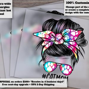 Cat Mom Messy Bun Design for Commercial Use - Sunglasses Hairband, Messy Waterslide - 300 DPI Ready Press, Heat Transfer, DTF - Etsy Shop image 1