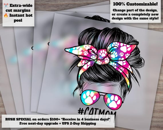 Cat Mom Messy Bun Design for Commercial Use - Sunglasses Hairband, Messy Waterslide - 300 DPI Ready Press, Heat Transfer, DTF - Etsy Shop