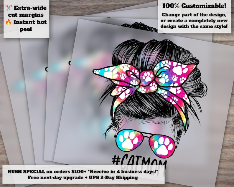Cat Mom Messy Bun Design for Commercial Use - Sunglasses Hairband, Messy Waterslide - 300 DPI Ready Press, Heat Transfer, DTF - Etsy Shop image 1