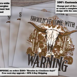 Warning Cow Skull Design | Western Style, Shirt Graphics, Ready-to-Press Heat Transfer, DTF, Exclusive for Etsy Shop image 1