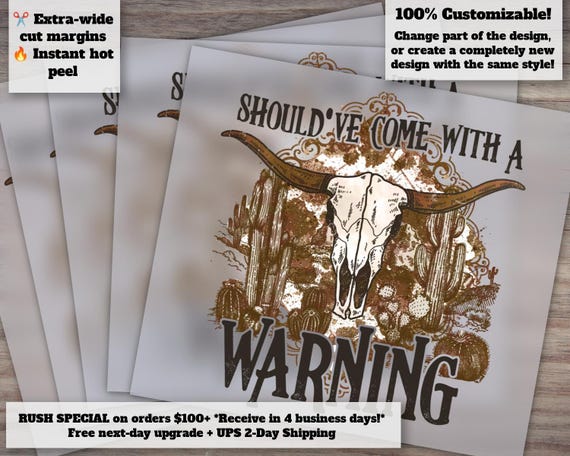 Warning Cow Skull Design | Western Style, Shirt Graphics, Ready-to-Press Heat Transfer, DTF, Exclusive for Etsy Shop