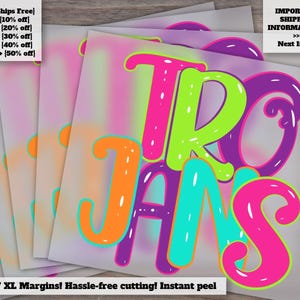 Neon Trojans Mascot Design | Retro Trojans Art | Bright Trojans Heat Transfer | School Spirit Ready to Press | DTF