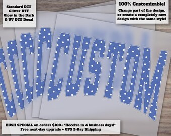 Custom Name Blue Polka Dot Varsity DTF Transfer | Personalized Name Ready to Press Heat Transfer