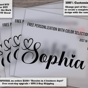 May include: A stack of personalized design sheets with the name "Sophia" in a stylish script font. The sheets also include text that says "Free Personalization with Color Selection" and "100% Customizable!" with a heart symbol.