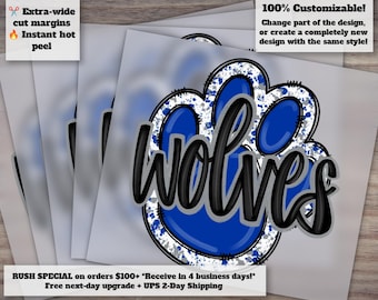Hand-drawn Blue Gray Wolves Football Design, Ready for Heat Press, DTF, Paw Print Design