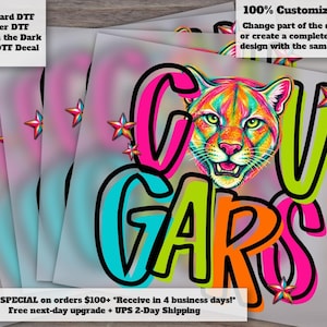 Custom Mascot | Cougars School Spirit DTF Transfer - Colorful Mascot Ready to Press Iron On for T-Shirts Hoodies and Apparel