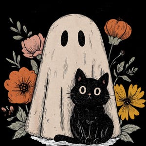 Lindo fantasma y gato de Halloween, listo para planchar - Diseño floral retro de Halloween, listo para usar imagen 4