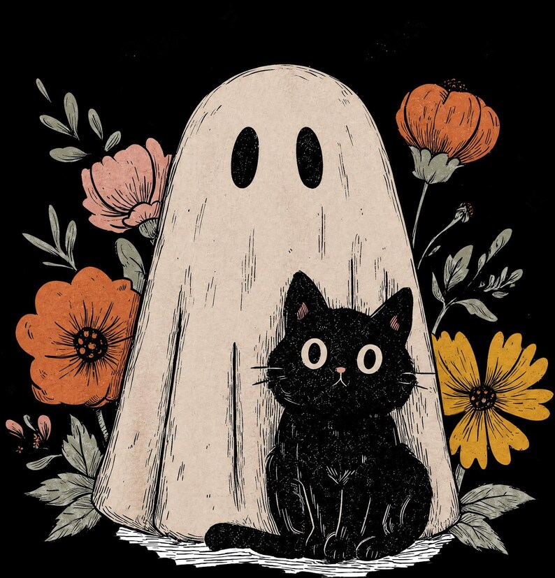 Lindo fantasma y gato de Halloween, listo para planchar - Diseño floral retro de Halloween, listo para usar imagen 4