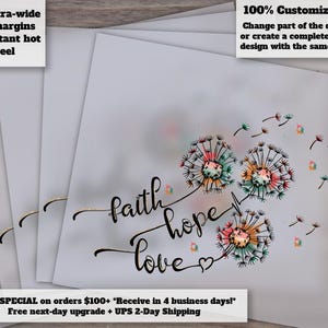 Faith, Hope, Love - Dandelion Blowing Heat Transfer Design, Ready to Press DTF, Ideal for Papercraft and Shirt Design