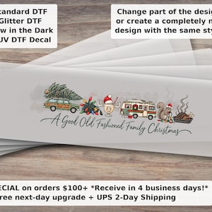 Puede incluir: Una hoja de calcomanía DTF rectangular con una ilustración colorida de una camioneta con un árbol de Navidad, luces festivas, una bebida, una caravana y una ardilla con una comida. El texto dice A Good Old Fashioned Family Christmas en cursiva.