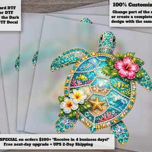 Faux Rhinestone Turtle DTF Heat Transfer Tropical Hibiscus Ocean Summer Shirt