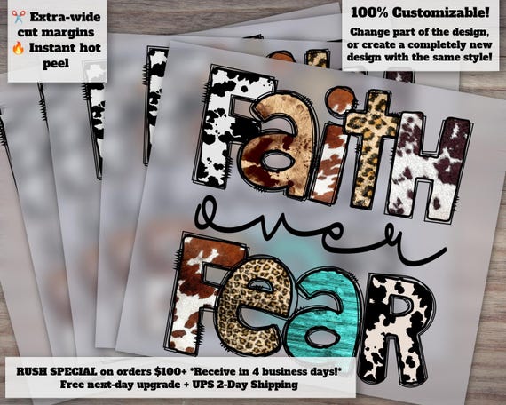 Christian Faith Over Fear Design, Western Style Ready to Press, Heat Transfer, DTF, Ideal for Crafts and Decor