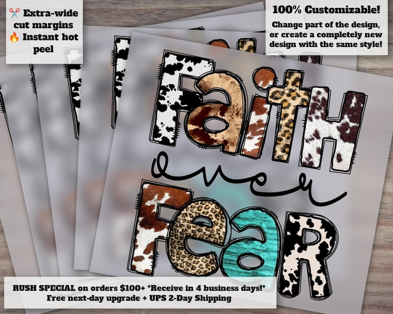 Christian Faith Over Fear Design, Western Style Ready to Press, Heat Transfer, DTF, Ideal for Crafts and Decor image 1