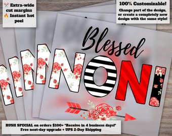 Blessed Noni Red and Black Floral Stripe Design- Ready-to-Press Heat Transfer, DTF, DTG - Rapid Delivery