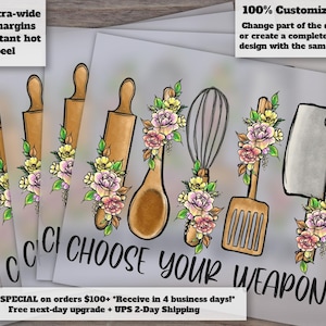 Select Your Kitchen Weapon Design | Humorous Retro Cooking and Baking Artwork | Ready for Heat Transfer, DTF Press