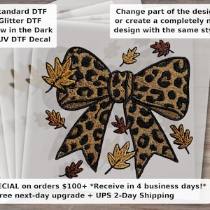 Coquette Leopard Print Bow DTF Transfer, Girly Fall Cheetah Bow with Leaves, Preppy Embroidered Style Ready to Press Transfer