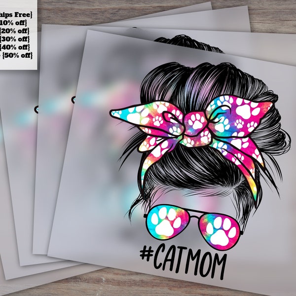 Cat Mom Messy Bun Design for Commercial Use - Sunglasses Hairband, Messy Waterslide - 300 DPI Ready Press, Heat Transfer, DTF - Etsy Shop