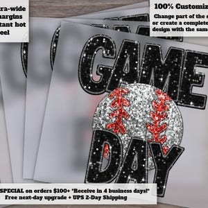 Baseball Game Day Heat Transfer Design, Faux Glitter Sequins, Ready to Press for Baseball Moms, DTF