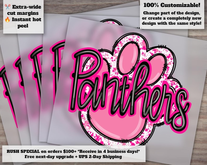 Hand-Drawn Pink Panthers Design, Pink Football and Paw Print, October Awareness Heat Transfer, Ready to Press, DTF Bild 1
