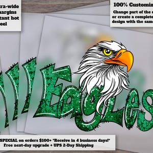 Hand Drawn Sequin Eagle Heat Transfer Design - Green and Ready to Press DTF