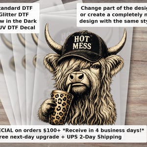 Vaca Highland Hot Mess DTF Transferencia, Vaca Highland amante del café, Animal de granja campestre, Vaquera occidental lista para prensar