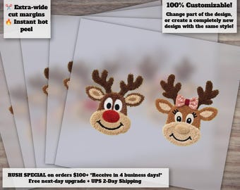 Cute Faux Embroidery Reindeer Face DTF Heat Transfer for Christmas Holiday