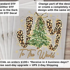 Joy To The World Leopard Christmas Tree Faux Glitter Heat Transfer DTF Ready to Press