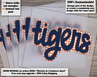 Custom Mascot | Tigers Blue Orange Hand Drawn Embroidery Design | Faux Applique Football Mascot | Ready to Press, Heat Transfer DTF File
