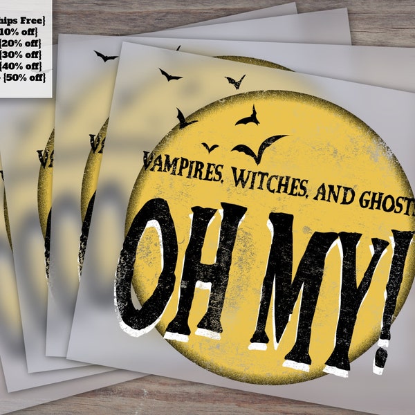 Halloween Heat Transfer Designs, Ready to Press DTF, Fall Witches and Ghosts, Vampire Shirt Design, Versatile for Various Surfaces.