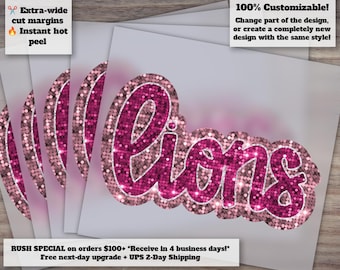 Hand-drawn Pink Lion Sequins Design, Faux Patch for Football, DTF October, Heat Transfer Appliqué, Ready to Press.