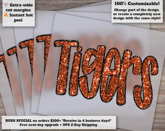 Hand Drawn Sequin Tigers Patch Design | Orange Football DTF | Ready to Press Heat Transfer