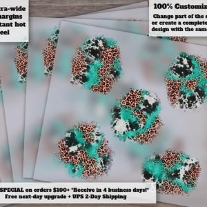 May include: Several sheets of paper with a repeating design of abstract shapes in teal, brown, and white. The text on the sheets reads "Extra-wide cut margins Instant hot peel" and "100% Customizable! Change part of the design, or create a completely new design with the same style!"