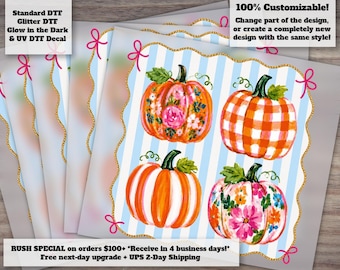 Preppy Pumpkin DTF Transfer - Fall Floral Bow Pumpkin with Trendy Stripes - Ready to Press Autumn Transfer