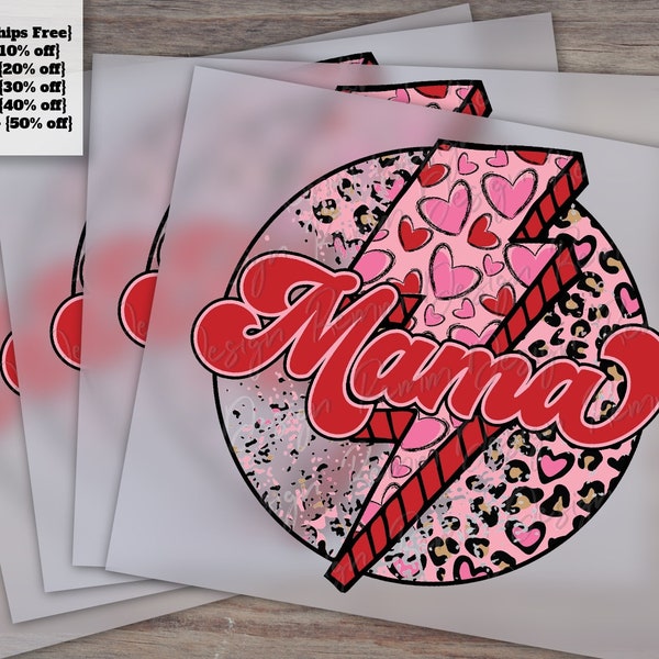 Retro Valentine's Day Design - Mama Mini Match, Pink and Red Heart Leopard, Mom Lightning Bolt, Ready to Press, Heat Transfer, DTF.