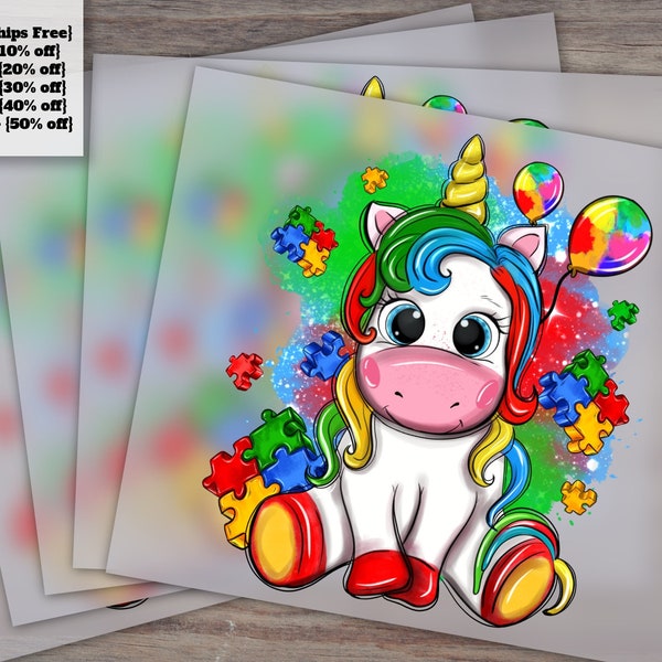 Autism Awareness Unicorn Design, Ready to Press Heat Transfer, DTF, Autism Puzzle Piece Graphics for Sublimation Output.