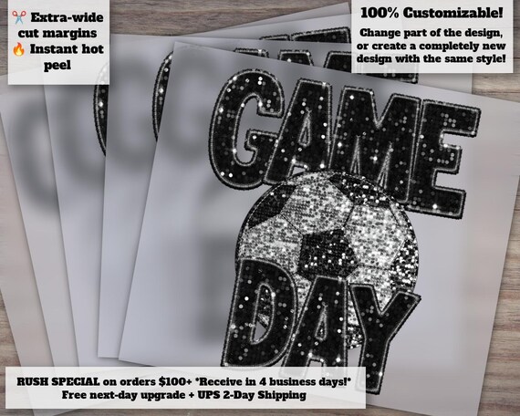 Soccer Game Day Heat Transfer, Faux Embroidery Sequins, Ready-to-Press Direct to Film, DTF, Ideal for Apparel Decoration